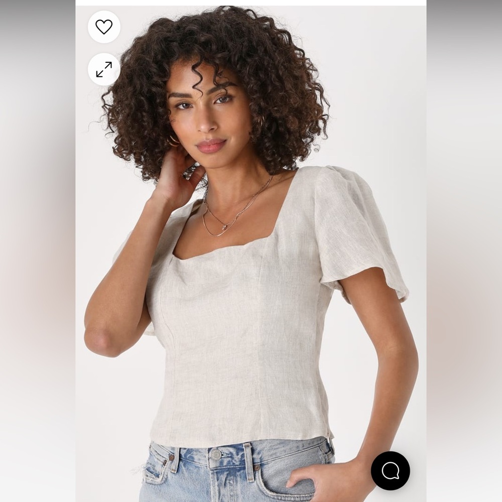 Lulu’s Cheerful Cutie Beige Linen Short Sleeve Top